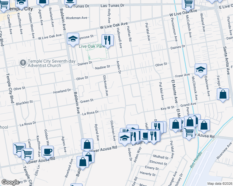 map of restaurants, bars, coffee shops, grocery stores, and more near 2 Temple City Boulevard in Rosemead
