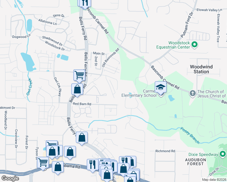 map of restaurants, bars, coffee shops, grocery stores, and more near 263 Derby Court in Acworth
