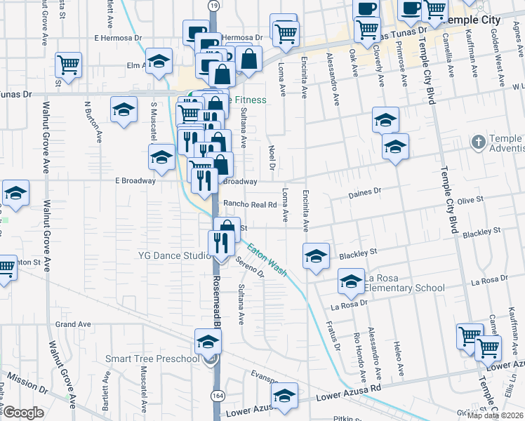 map of restaurants, bars, coffee shops, grocery stores, and more near 9082 Rancho Real Road in Temple City