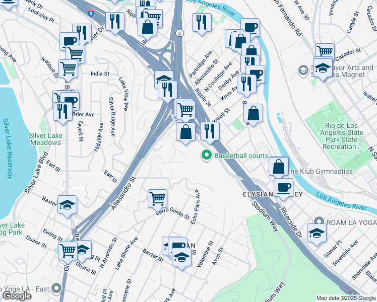 map of restaurants, bars, coffee shops, grocery stores, and more near 1908 Rosebud Avenue in Los Angeles