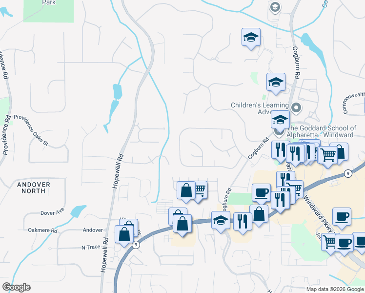 map of restaurants, bars, coffee shops, grocery stores, and more near 2432 Traywick Chase in Alpharetta