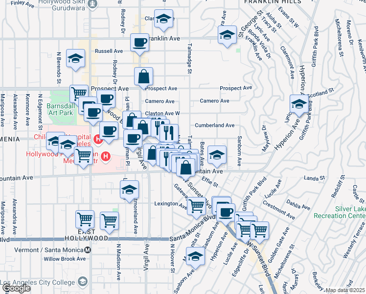 map of restaurants, bars, coffee shops, grocery stores, and more near 1424 North Hoover Street in Los Angeles