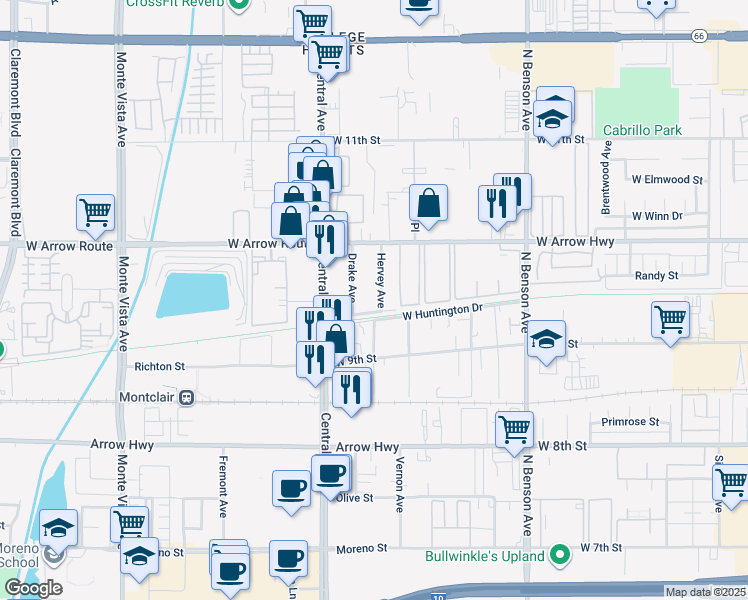 map of restaurants, bars, coffee shops, grocery stores, and more near 370 Hervey Avenue in Upland