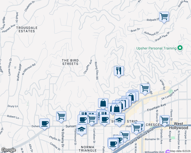 map of restaurants, bars, coffee shops, grocery stores, and more near 8818 Rising Glen Place in Los Angeles