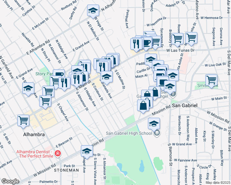 map of restaurants, bars, coffee shops, grocery stores, and more near 100 South Granada Avenue in Alhambra