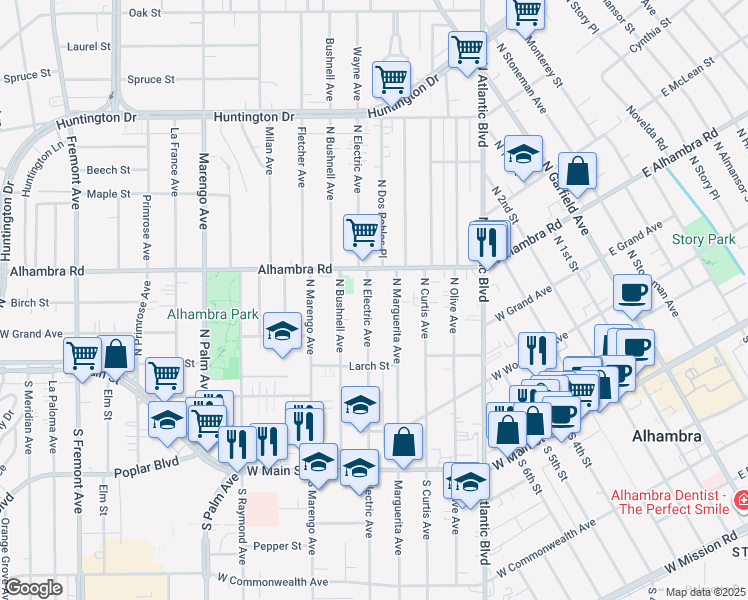 map of restaurants, bars, coffee shops, grocery stores, and more near 500 North Electric Avenue in Alhambra