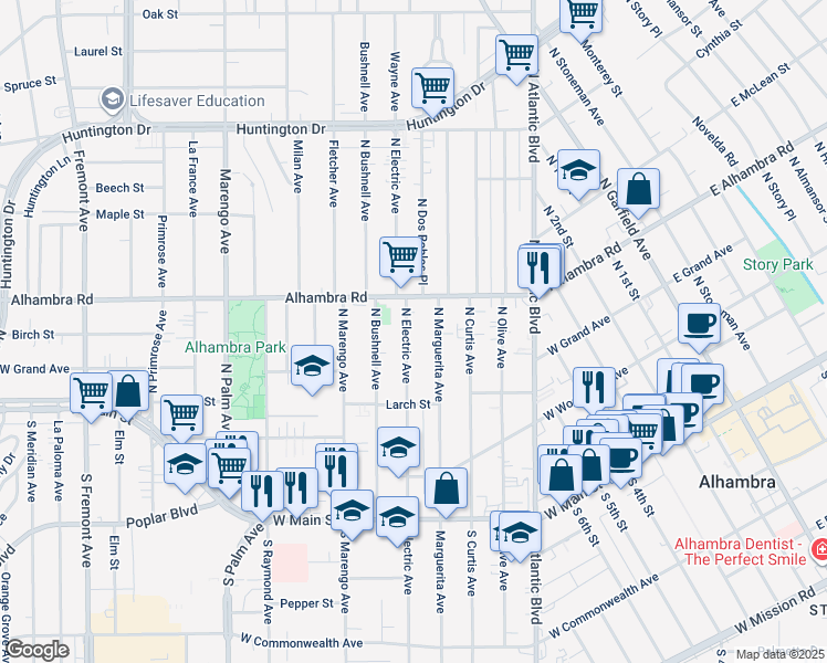 map of restaurants, bars, coffee shops, grocery stores, and more near 500 North Electric Avenue in Alhambra