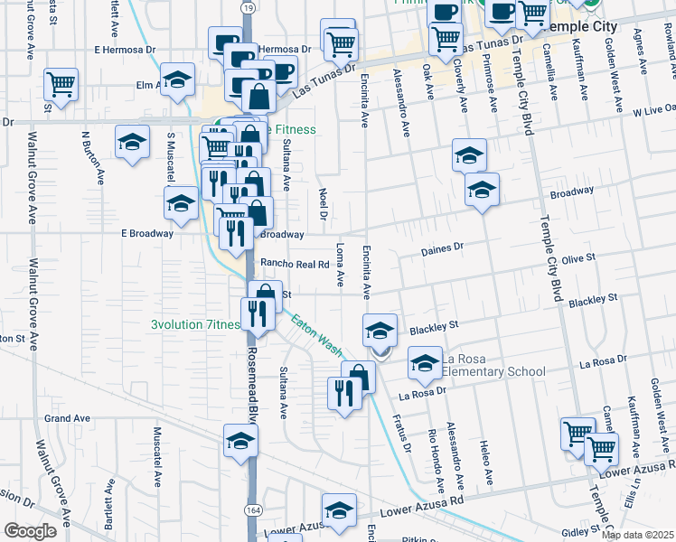 map of restaurants, bars, coffee shops, grocery stores, and more near 9134 Rancho Real Road in Temple City