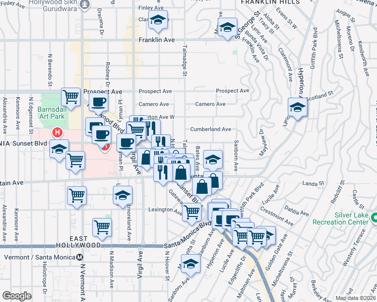 map of restaurants, bars, coffee shops, grocery stores, and more near 4224 Sunset Drive in Los Angeles