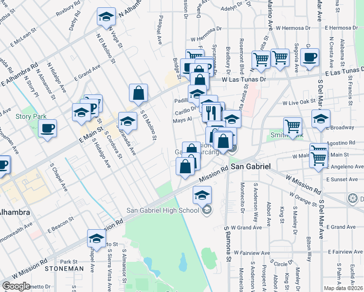 map of restaurants, bars, coffee shops, grocery stores, and more near 301 San Marcos Street in San Gabriel