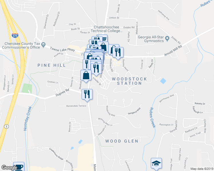 map of restaurants, bars, coffee shops, grocery stores, and more near 245 Fowler Street in Woodstock