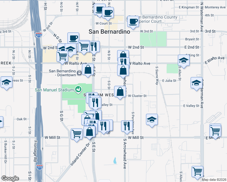 map of restaurants, bars, coffee shops, grocery stores, and more near 380 West Athol Street in San Bernardino