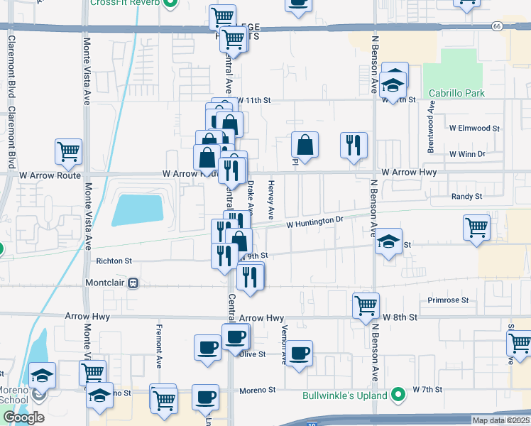 map of restaurants, bars, coffee shops, grocery stores, and more near 370 Hervey Avenue in Upland