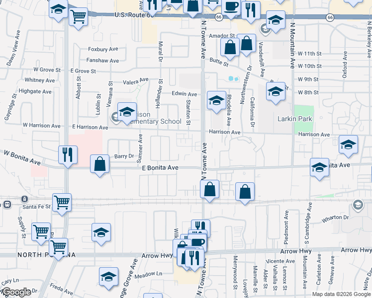 map of restaurants, bars, coffee shops, grocery stores, and more near 2873 Apple Court in Pomona