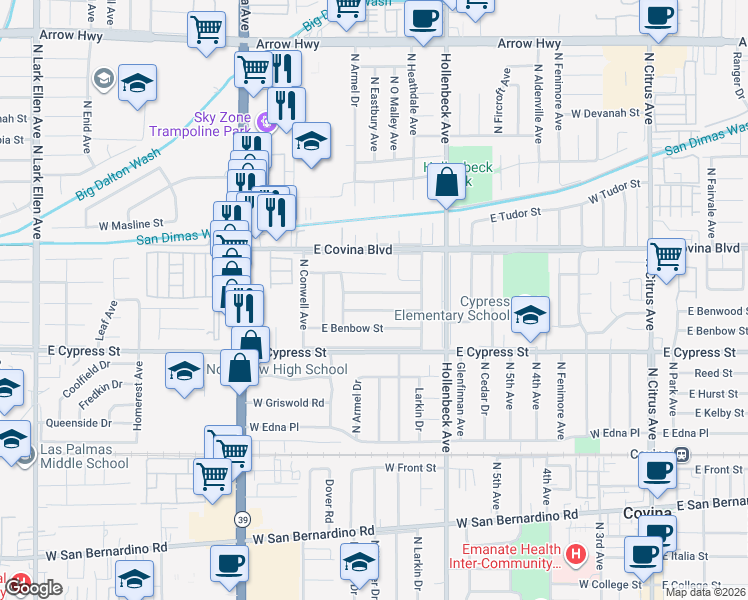 map of restaurants, bars, coffee shops, grocery stores, and more near 17805 East Bellbrook Street in Covina