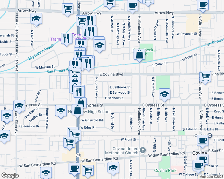 map of restaurants, bars, coffee shops, grocery stores, and more near 17711 East Bellbrook Street in Covina