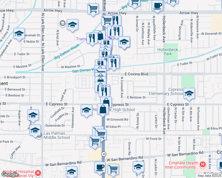 map of restaurants, bars, coffee shops, grocery stores, and more near 1036 North La Breda in Covina