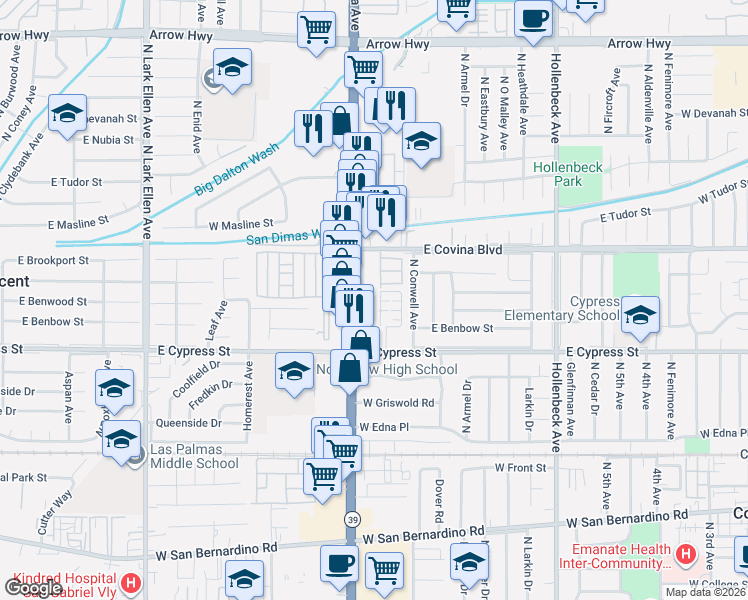 map of restaurants, bars, coffee shops, grocery stores, and more near 1040 State Route 39 in Covina