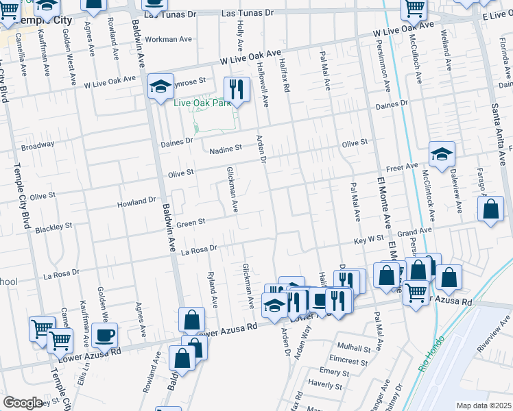 map of restaurants, bars, coffee shops, grocery stores, and more near 10250 Freer Street in Temple City