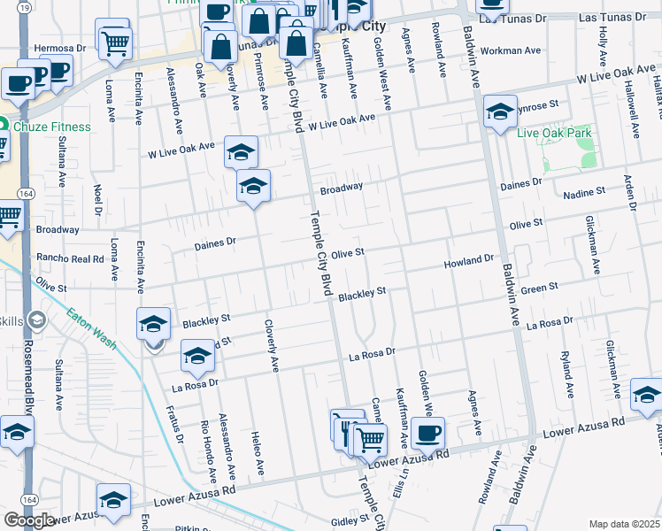 map of restaurants, bars, coffee shops, grocery stores, and more near in Temple City