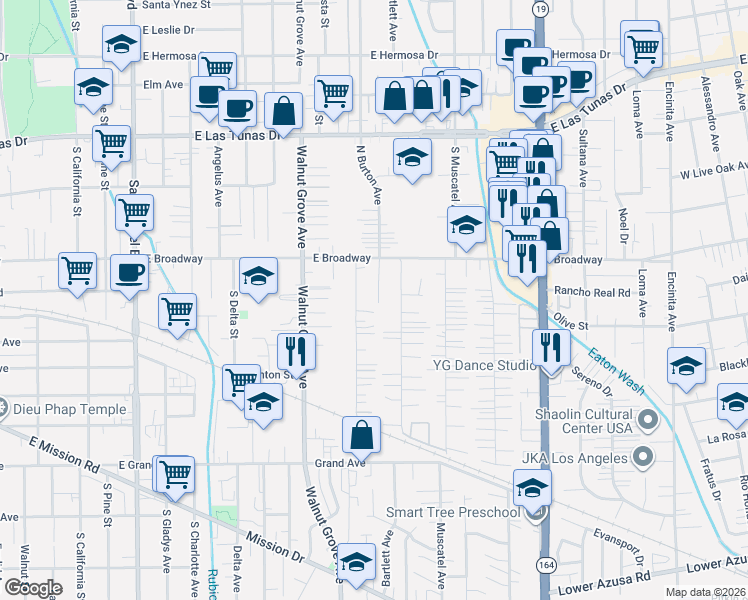 map of restaurants, bars, coffee shops, grocery stores, and more near 5419 Bartlett Avenue in San Gabriel