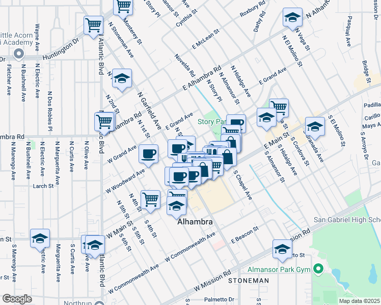map of restaurants, bars, coffee shops, grocery stores, and more near in Alhambra