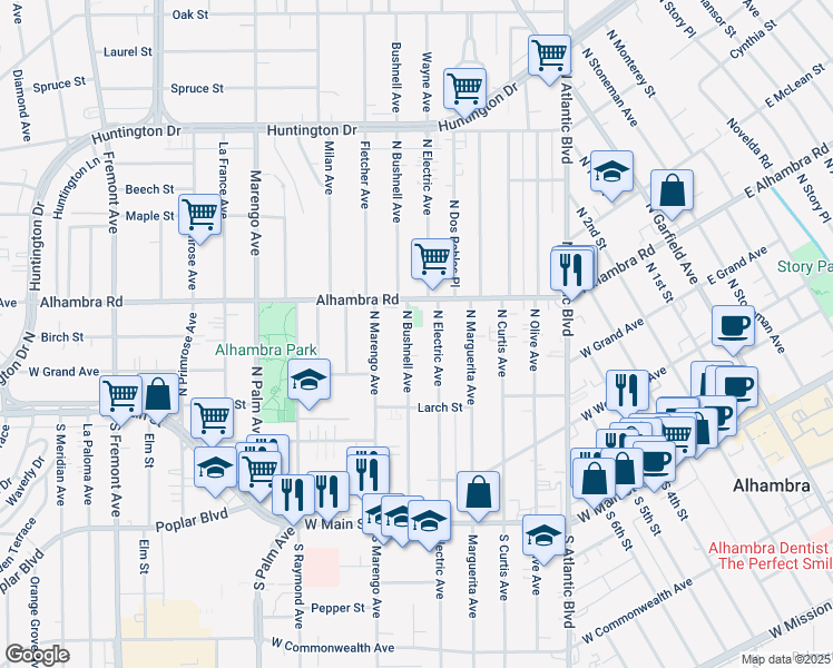 map of restaurants, bars, coffee shops, grocery stores, and more near 511 North Electric Avenue in Alhambra
