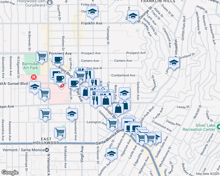 map of restaurants, bars, coffee shops, grocery stores, and more near 4224 Sunset Drive in Los Angeles