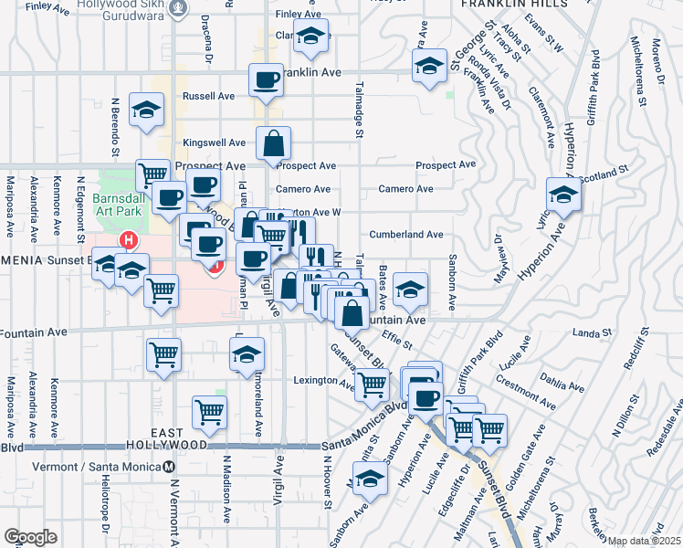 map of restaurants, bars, coffee shops, grocery stores, and more near 4322 Sunset Drive in Los Angeles