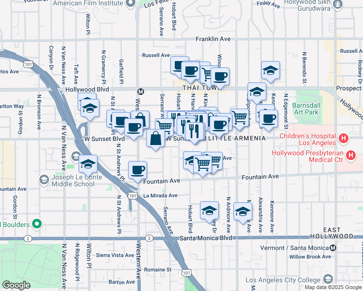 map of restaurants, bars, coffee shops, grocery stores, and more near 5270 Sunset Boulevard in Los Angeles