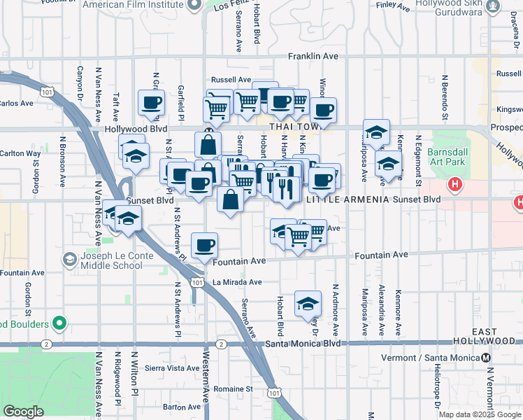 map of restaurants, bars, coffee shops, grocery stores, and more near 5322 Sunset Boulevard in Los Angeles