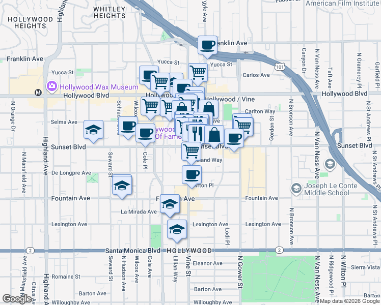 map of restaurants, bars, coffee shops, grocery stores, and more near 6288 Sunset Boulevard in Los Angeles