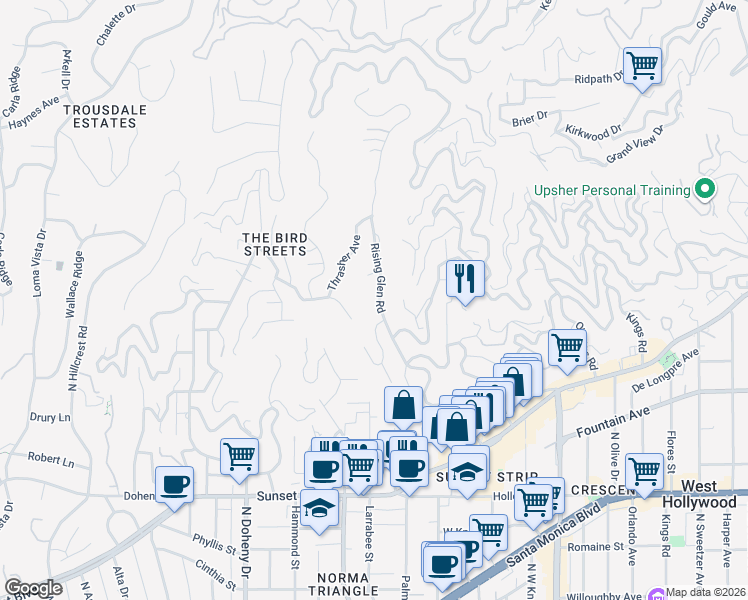 map of restaurants, bars, coffee shops, grocery stores, and more near 8818 Rising Glen Place in Los Angeles