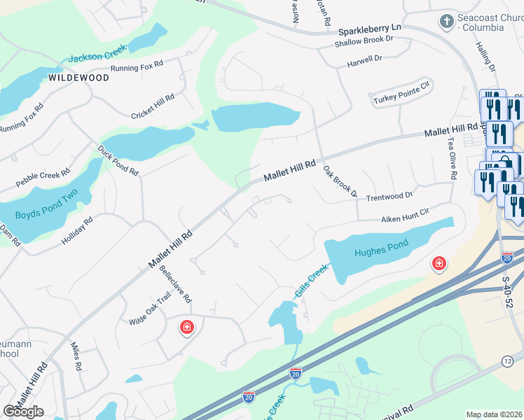 map of restaurants, bars, coffee shops, grocery stores, and more near 1106 Enclave Way in Columbia