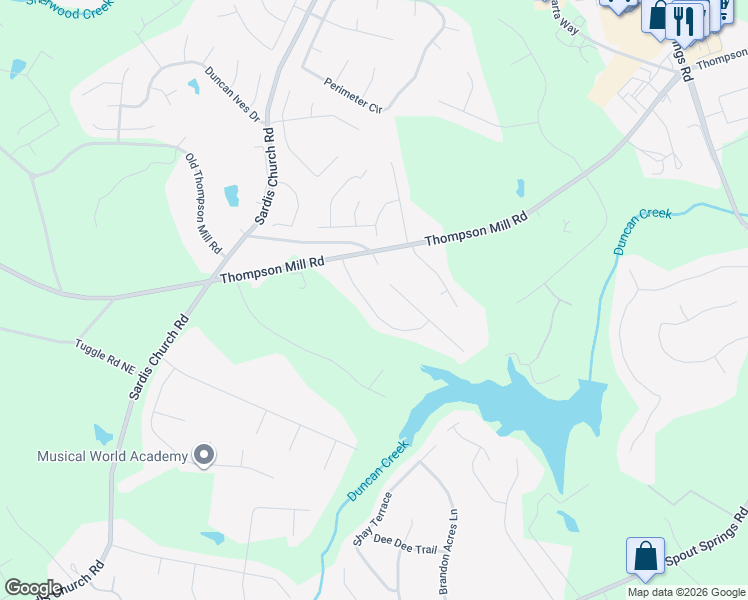 map of restaurants, bars, coffee shops, grocery stores, and more near 2530 Weber Heights Way in Buford