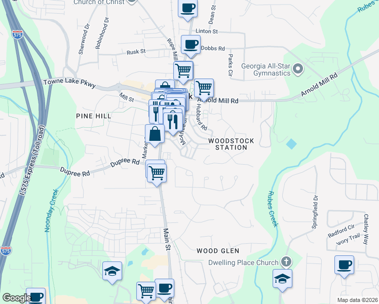 map of restaurants, bars, coffee shops, grocery stores, and more near 206 McAffee Street in Woodstock