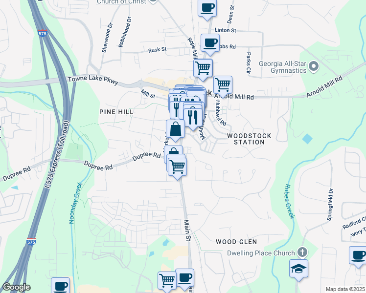 map of restaurants, bars, coffee shops, grocery stores, and more near 8857 Main Street in Woodstock
