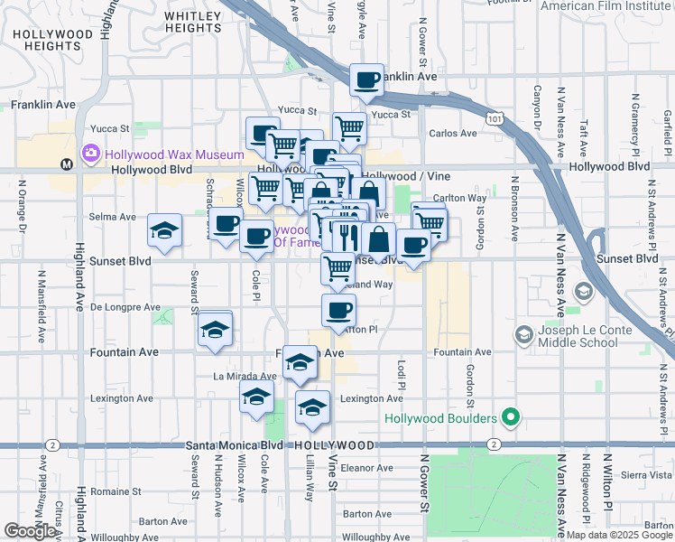 map of restaurants, bars, coffee shops, grocery stores, and more near 1480 Vine Street in Los Angeles