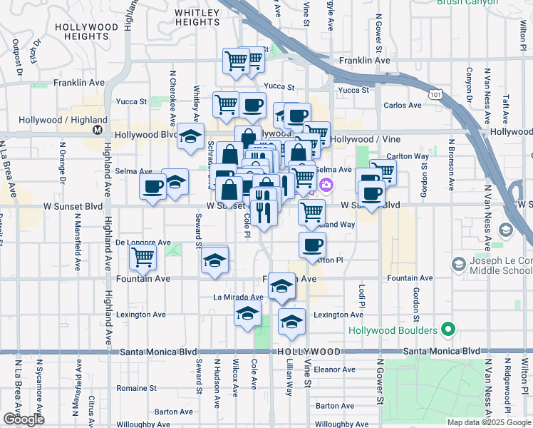 map of restaurants, bars, coffee shops, grocery stores, and more near in Los Angeles