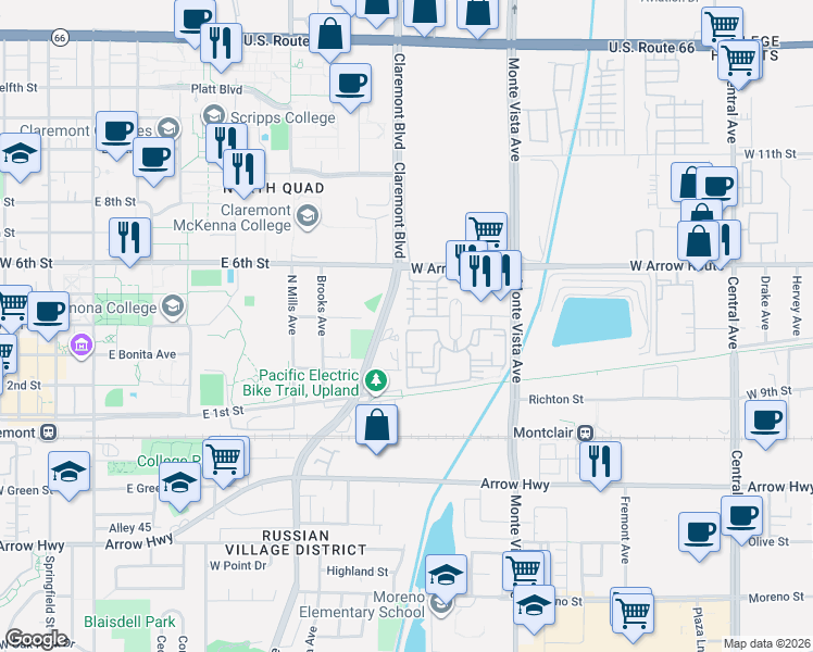 map of restaurants, bars, coffee shops, grocery stores, and more near 306 Golden Bear Lane in Upland