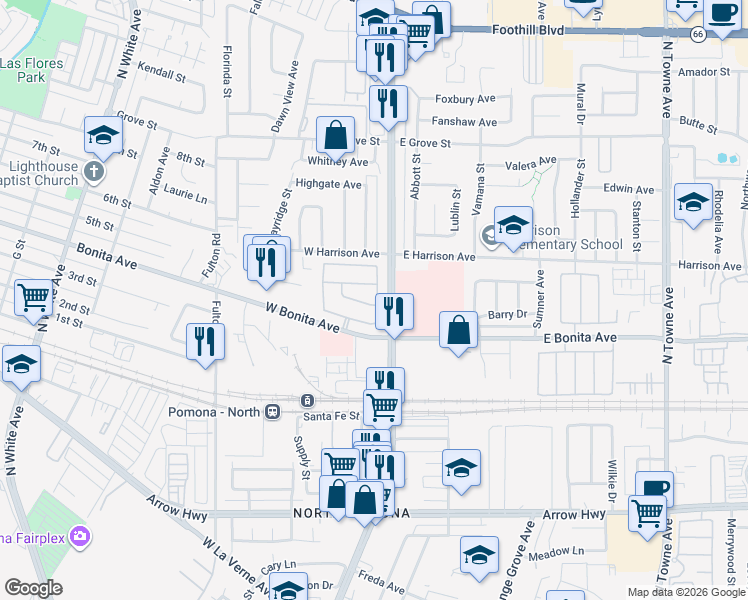 map of restaurants, bars, coffee shops, grocery stores, and more near 122 Carrotwood Lane in Pomona