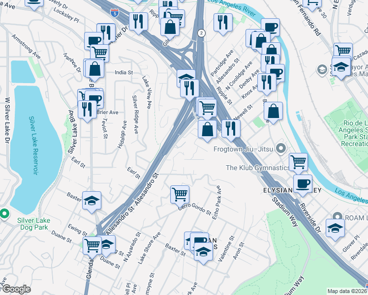 map of restaurants, bars, coffee shops, grocery stores, and more near 2531 North Via Artis Avenue in Los Angeles