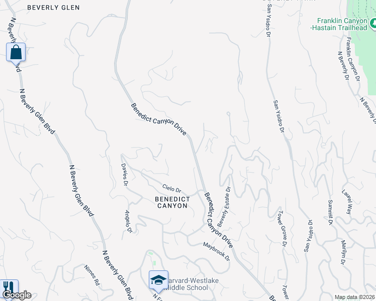 map of restaurants, bars, coffee shops, grocery stores, and more near 1465 Benedict Canyon Drive in Beverly Hills