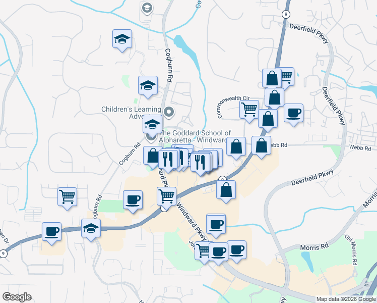 map of restaurants, bars, coffee shops, grocery stores, and more near 413 Burbank Alley in Milton