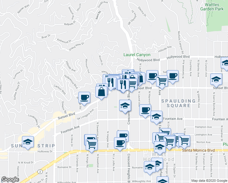 map of restaurants, bars, coffee shops, grocery stores, and more near 8161 Sunset Boulevard in Los Angeles