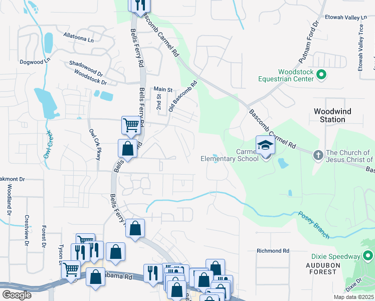 map of restaurants, bars, coffee shops, grocery stores, and more near 261 Derby Court in Acworth