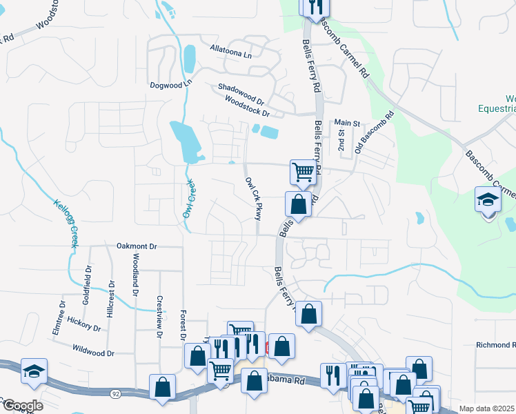 map of restaurants, bars, coffee shops, grocery stores, and more near 1201 Hunter Road in Acworth