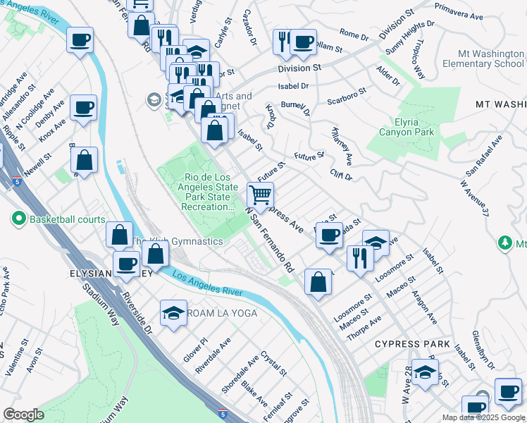 map of restaurants, bars, coffee shops, grocery stores, and more near 1600 North San Fernando Road in Los Angeles