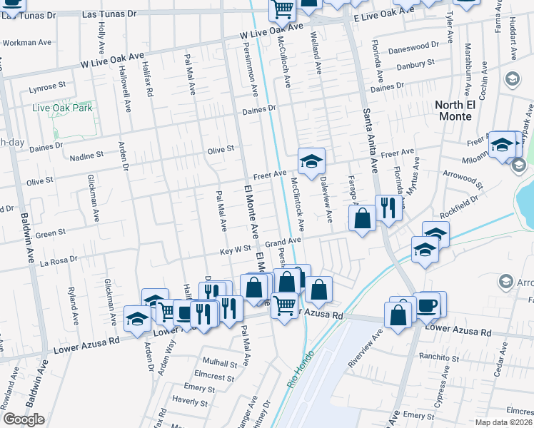 map of restaurants, bars, coffee shops, grocery stores, and more near 10721 Arrowood Street in Temple City