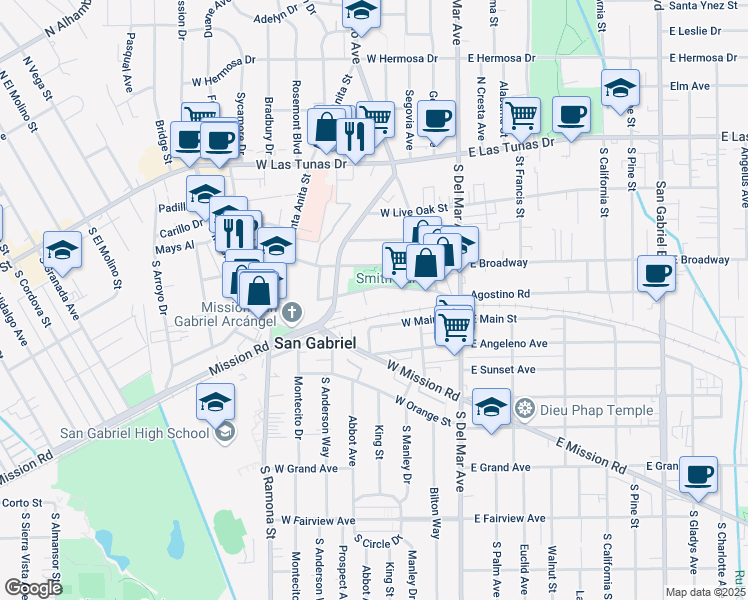 map of restaurants, bars, coffee shops, grocery stores, and more near 320 Clary Avenue in San Gabriel